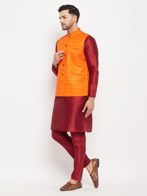 Vastramay Men's Orange Matka Silk Nehru Jacket With Maroon Silk Blend Kurta and Pant style Pyjama Set